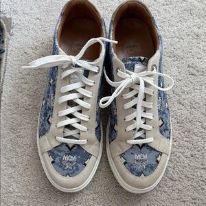 MCM Beige and Blue Patterned Sneakers